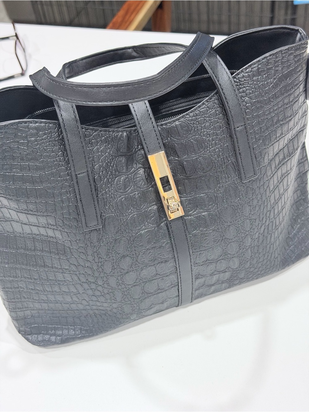 Structured Croc-Embossed Faux Leather Black Tote Bag with Gold Hardware - Picture 12 of 13
